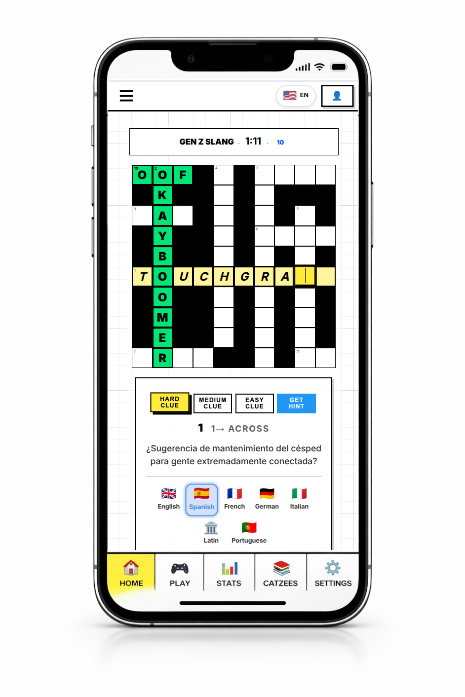 FlexWords gameplay with Spanish clues